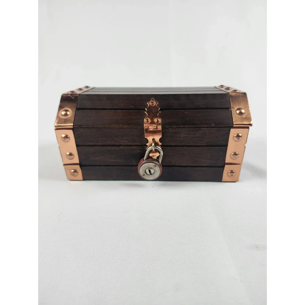 Vintage Wooden Treasure Chest Jewelry Box Japan Copper Accents Velvet Lining